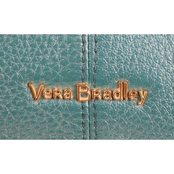 Vera Bradley GREEN BLACK REAL LEATHER ZIP AROUND SHOULDER BAG HANDBAG TOTE PURSE - Picture 2 of 16